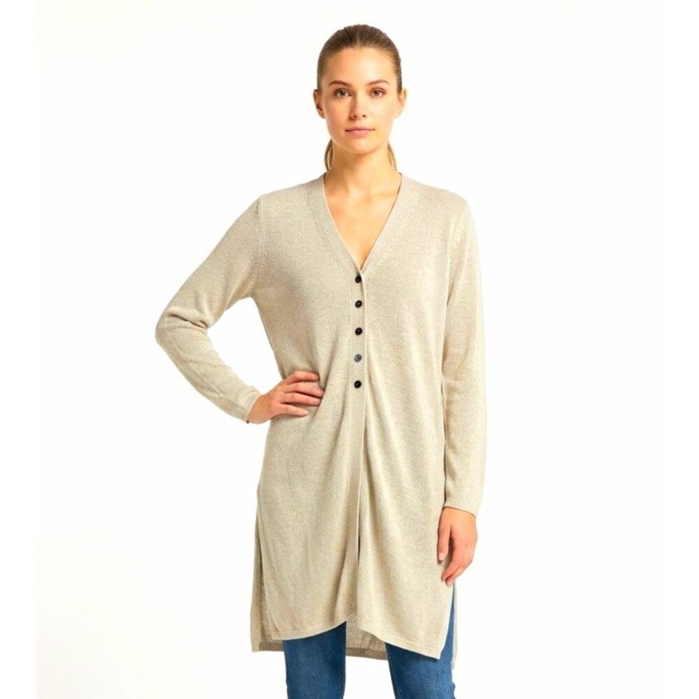 J.Jill Womens Petite PM Beige Linen Blend Button Cardigan Sweater Lagenlook
